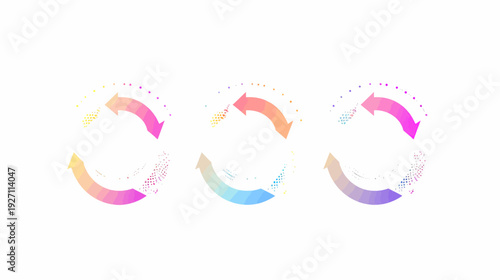 Three gradient-colored circular arrows in a cycle arrangement, with detailed particle patterns on white