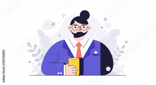 A stylized man in a blue suit and orange tie holds a yellow phone, with abstract plant shapes behind him