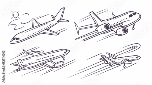 Line art illustration of four different airplanes in various stages of flight with dynamic speed lines