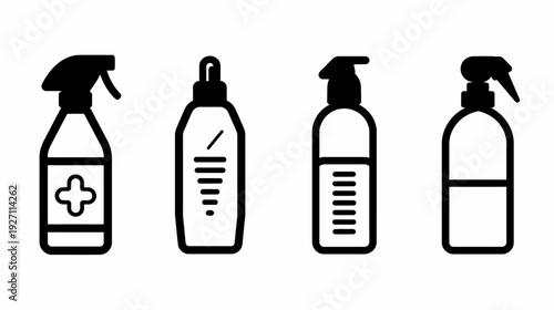 A collection of four black and white line art illustrations of bottles or containers for fluids