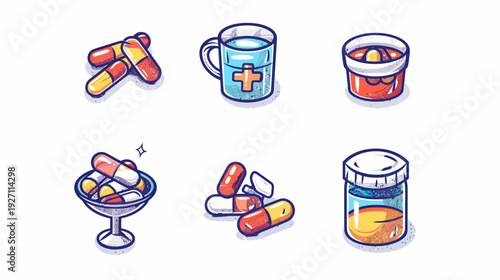 Six cartoon illustrations featuring pills, capsules, a glass of water with a cross, and a pill container
