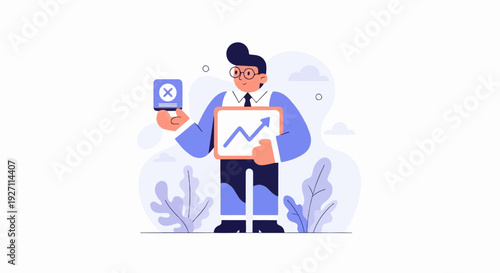 Cartoon man in suit holds up whiteboard with upward trending graph, and a tablet with an 'X'