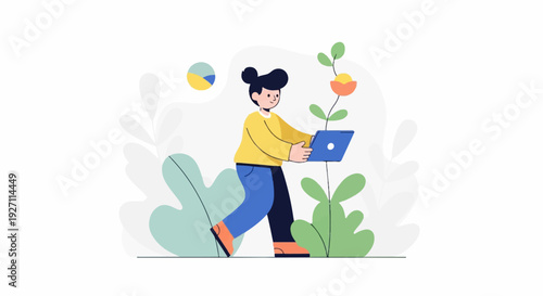 Person holding laptop near growing plant, with chart graphic