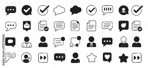 Chat, profile, document, and various user interface icons collection in doodle style