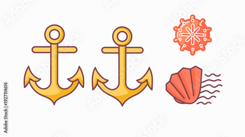 Icons of anchors, a red flower, and a seashell with wavy lines, all on a white background