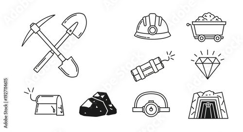 Mining tools and equipment illustration, perfect for industry and mining themes.