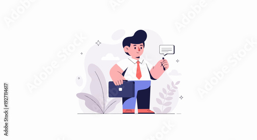 Cartoon man in shirt and tie holding briefcase and speech bubble