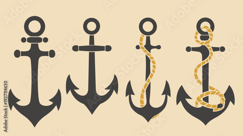 A set of four anchors, each presented in a flat, illustrative style against a beige background