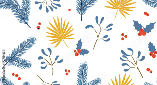 Seamless Winter Botanical Pattern with Pine Branches Holly Berries and Leaves, Elegant Seasonal Nature Background Design in Modern Flat Vector Style