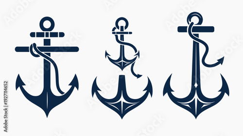 Three stylized, dark blue anchor illustrations with ropes, displayed on a clean white background