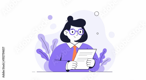 Person in purple shirt and orange tie wearing glasses, holding a document