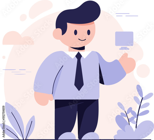 Cheerful businessman in a blue shirt and tie, holding up a computer