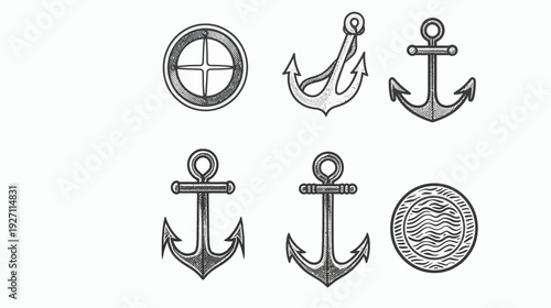 A collection of nautical illustrations, showcasing different anchors and a ship's porthole