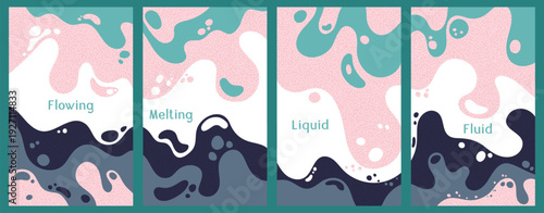 Melting dynamic waves pattern summer covers. Bubble splashes and streams vector pack box covers. Fluid liquid flowing paint patterns. Wavy surface brochures. Fluid droplets, melting shapes