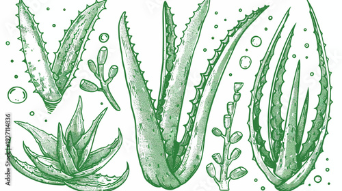 Hand-drawn botanical illustration with various aloe vera plants and buds in shades of green