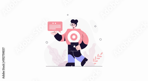 Animated character holding a speech bubble and wearing a target on chest