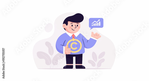 Character holds copyright symbol and shows a growth chart in a speech bubble