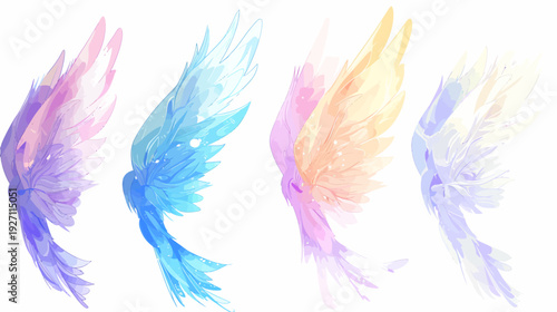 Four stylized wings in watercolor style, each with different pastel color schemes against white