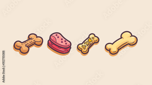 A cartoon illustration featuring various pet treats. Four treats, bones and a sandwich like treat