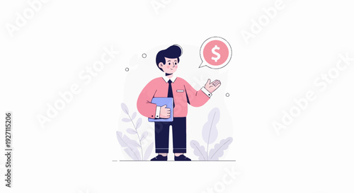 A smiling person in a suit holds a folder, a dollar sign in a speech bubble above