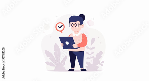 Character holding tablet with confirmation symbol, surrounded by abstract shapes and foliage