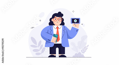 A person in a suit holds a phone and a video play screen against a minimalist background