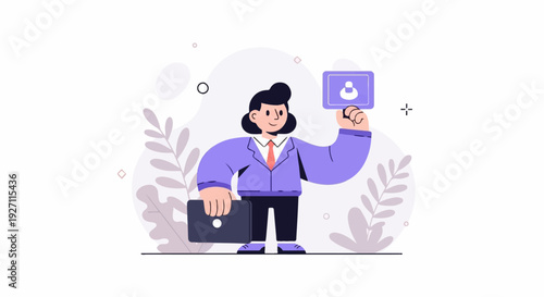 Animated person in suit holds briefcase and ID card, surrounded by abstract shapes and foliage