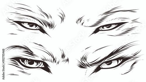 A striking black and white vector illustration of four eyes with a fierce, intense expression