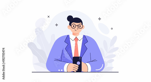 Person in blue suit and tie holding a smartphone, with abstract foliage