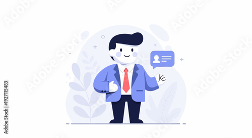 Cheerful businessman in blue suit and red tie gives thumbs up next to chat bubble