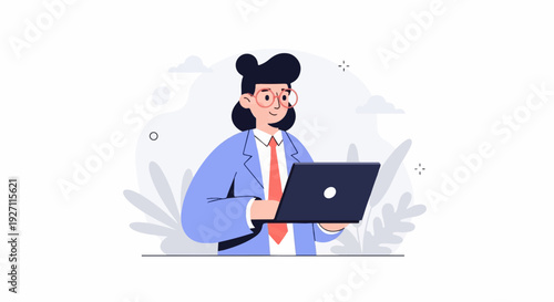 Woman in suit wearing glasses smiles while typing on a laptop with a stylized background