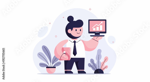 A stylized character holds a computer screen displaying a growing bar chart, a folder, and potted plants