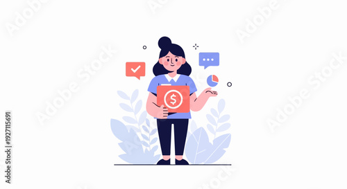 Stylized depiction of a woman holding financial documents, surrounded by icons representing business