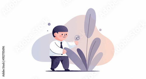 A cheerful person in a suit inspects a checkmark near abstract plant shapes