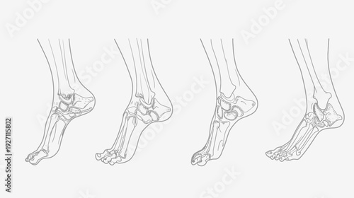 Line drawing of four feet showcasing skeletal structure, rendered in grayscale against a white backdrop