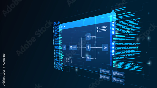 AI workflow automation artificial intelligence. ai agent workflow diagram dashboard machine learning architecture flow process, coding panels and automation system.