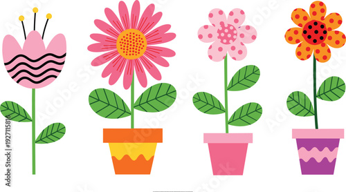 Cute Colorful Flowers in Pots Illustration Set with Simple Decorative Plants, Cheerful Spring Garden and Home Decor Concept in Flat Vector Style
