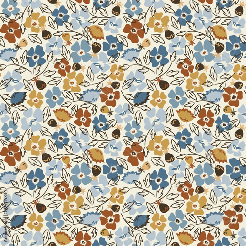 Country retro floral ditsy seamless repeat pattern for apparel, textiles, clothing, home decor, paper products and more. Vintage style.