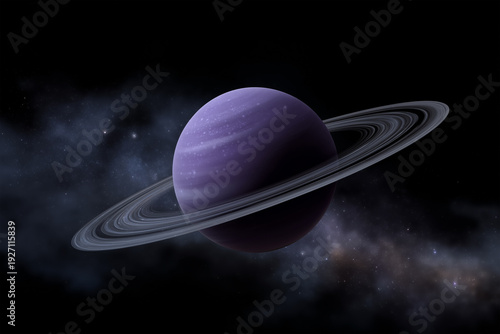 Majestic purple planet surrounded by shimmering rings in space