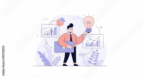 Businessman holding a lit idea bulb with business charts and graphs in the background