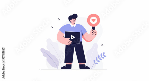 Animated person with video player and heart icon, surrounded by abstract plants