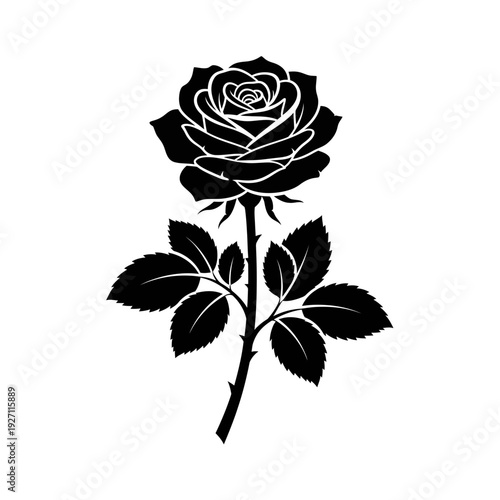 Elegant black silhouette vector illustration of a beautiful blooming rose flower with detailed petals, stem, and leaves, perfect for decorative designs, emblems, and graphic elements