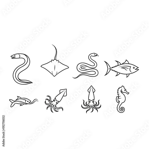 Elegant monoline vector collection featuring a diverse group of eight distinct marine animals, including fish, squid, eel, seahorse, and stingray, for premium aquatic designs