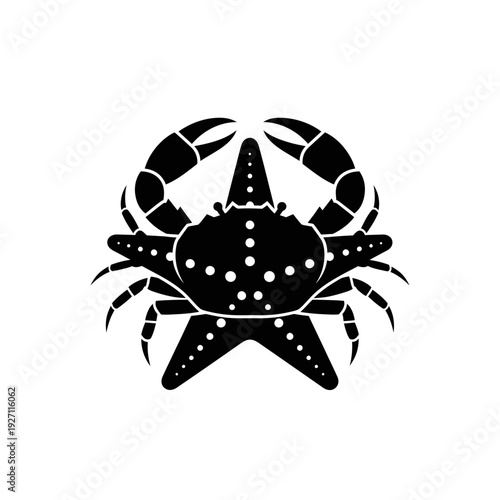 Black vector logo of a crab with starfishes, marine life, ocean creature, seafood, nature, and aquatic animal symbol