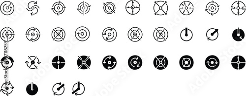 Collection of black circular with arrows and rotation symbols on a white background