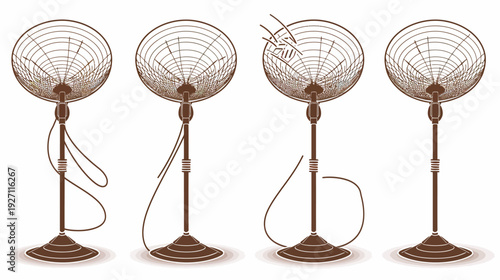 Four illustrations depicting antique pedestal fans with varying electrical cord arrangements