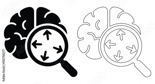 Brain Analysis Search Icon Mind Research, Cognitive Thinking, Magnifying Glass Direction Arrows Vector