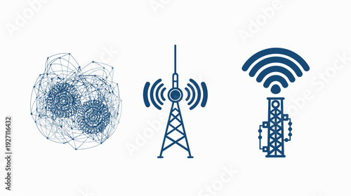 Icons of connectivity, wireless communication, and data networks are depicted in navy blue