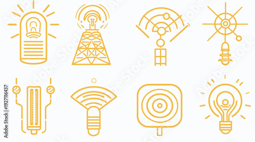 Collection of eight minimalist, gold-colored technology icons on a white background, representing various tech concepts
