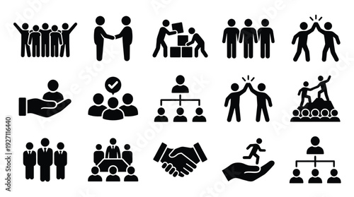 Diverse teamwork and collaboration icons representing various activities and interactions in a business or community setting